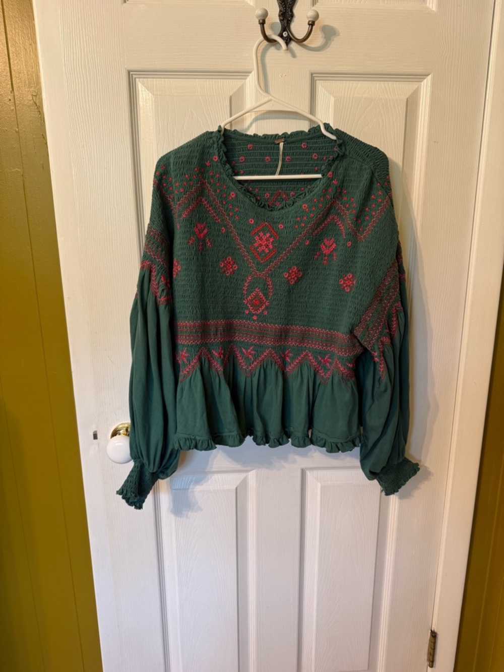 Free People Forest Green Tunic Top with Pink Embroidery
